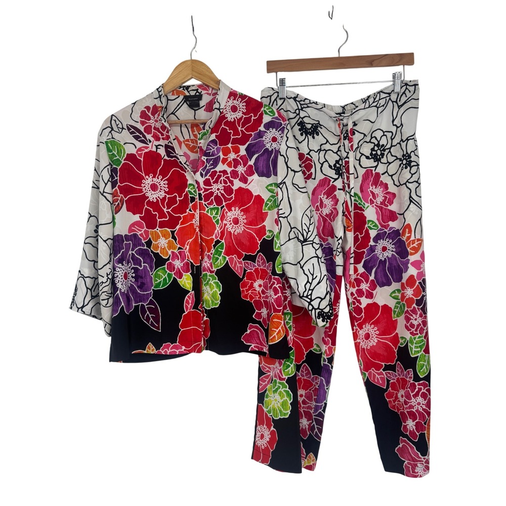 Natori Floral Pajama ants Set Womens M Multi Color Button Sleepwear Lounge